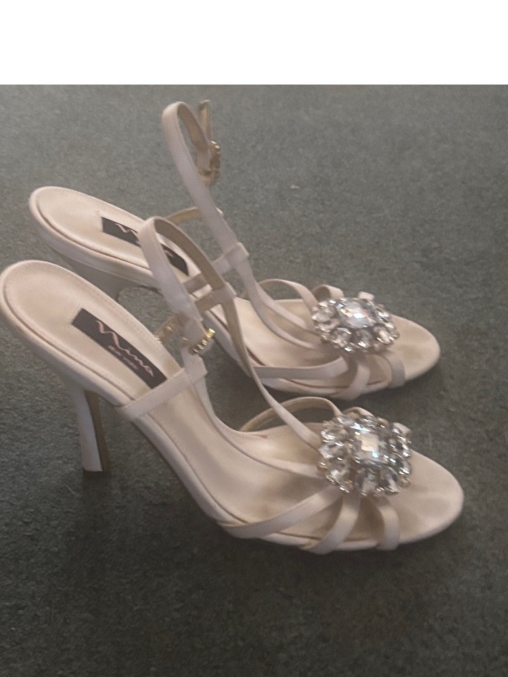 NINA SATIN STRAPPY SANDALS WITH RHINESTONE ACCENT 9.5